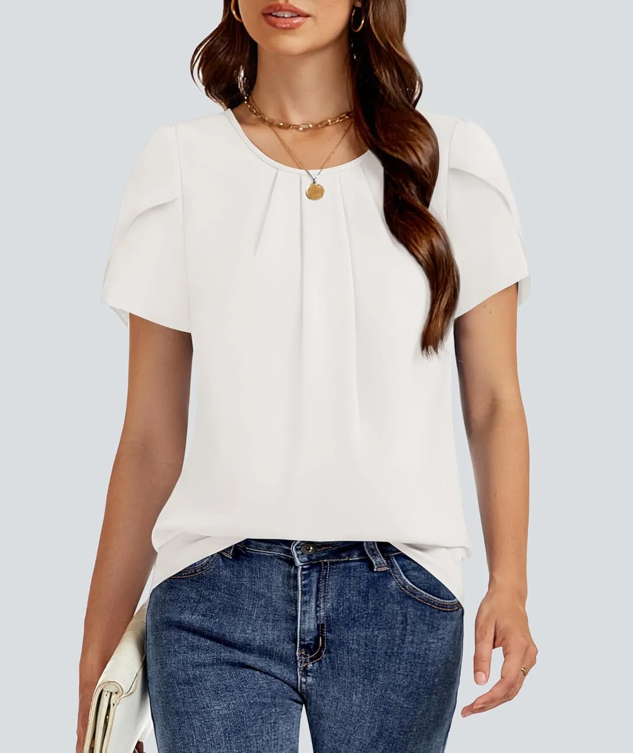 Funlingo Womens Summer Tops Dressy Casual Short Sleeve Tunic Chiffon Blouse Business Pleated Crew Neck Loose Flowy Shirts