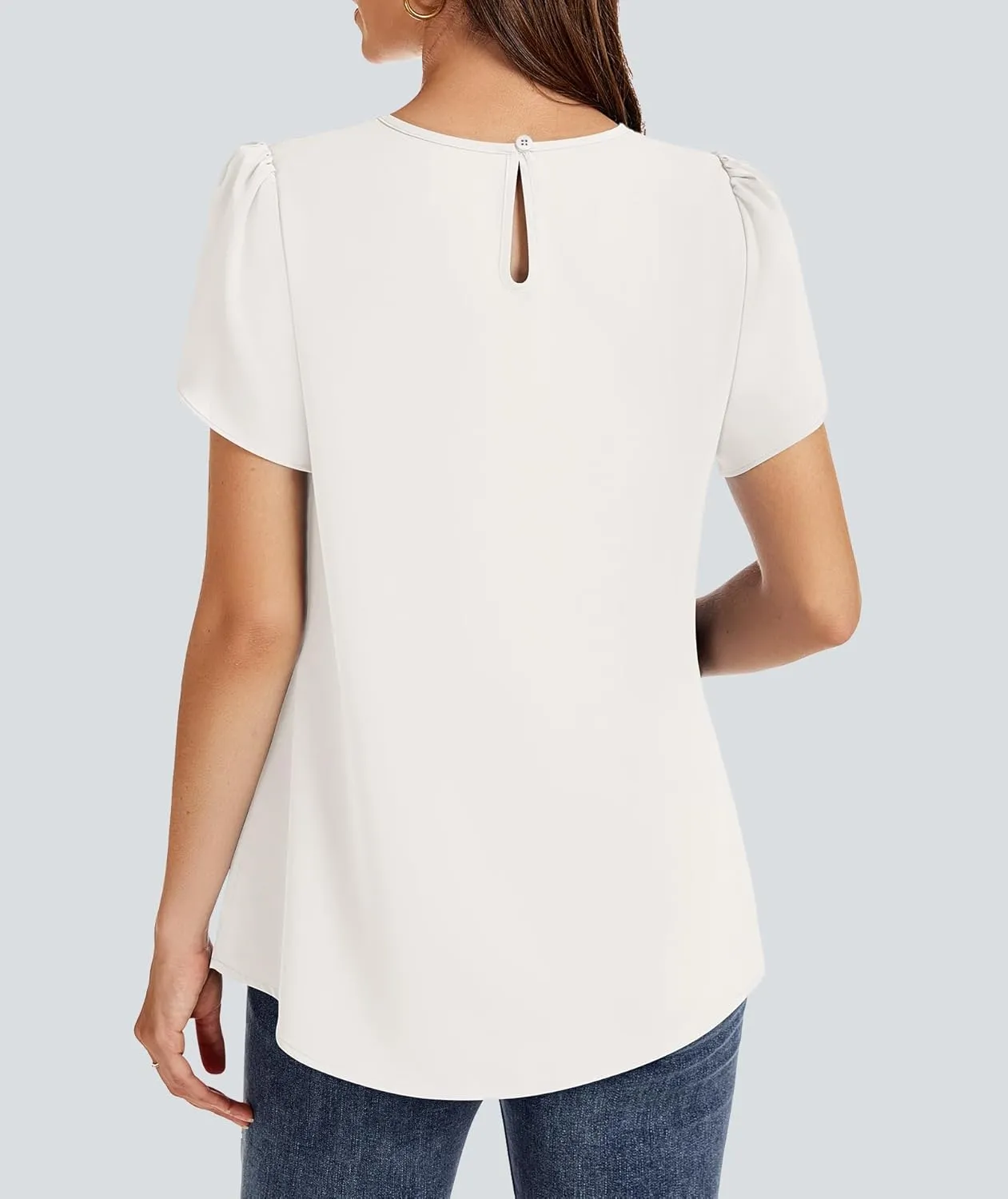 Funlingo Womens Summer Tops Dressy Casual Short Sleeve Tunic Chiffon Blouse Business Pleated Crew Neck Loose Flowy Shirts
