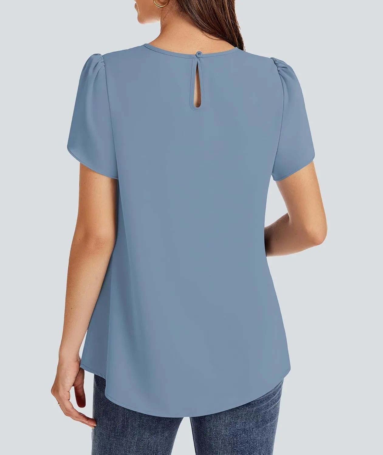 Funlingo Womens Summer Tops Dressy Casual Short Sleeve Tunic Chiffon Blouse Business Pleated Crew Neck Loose Flowy Shirts