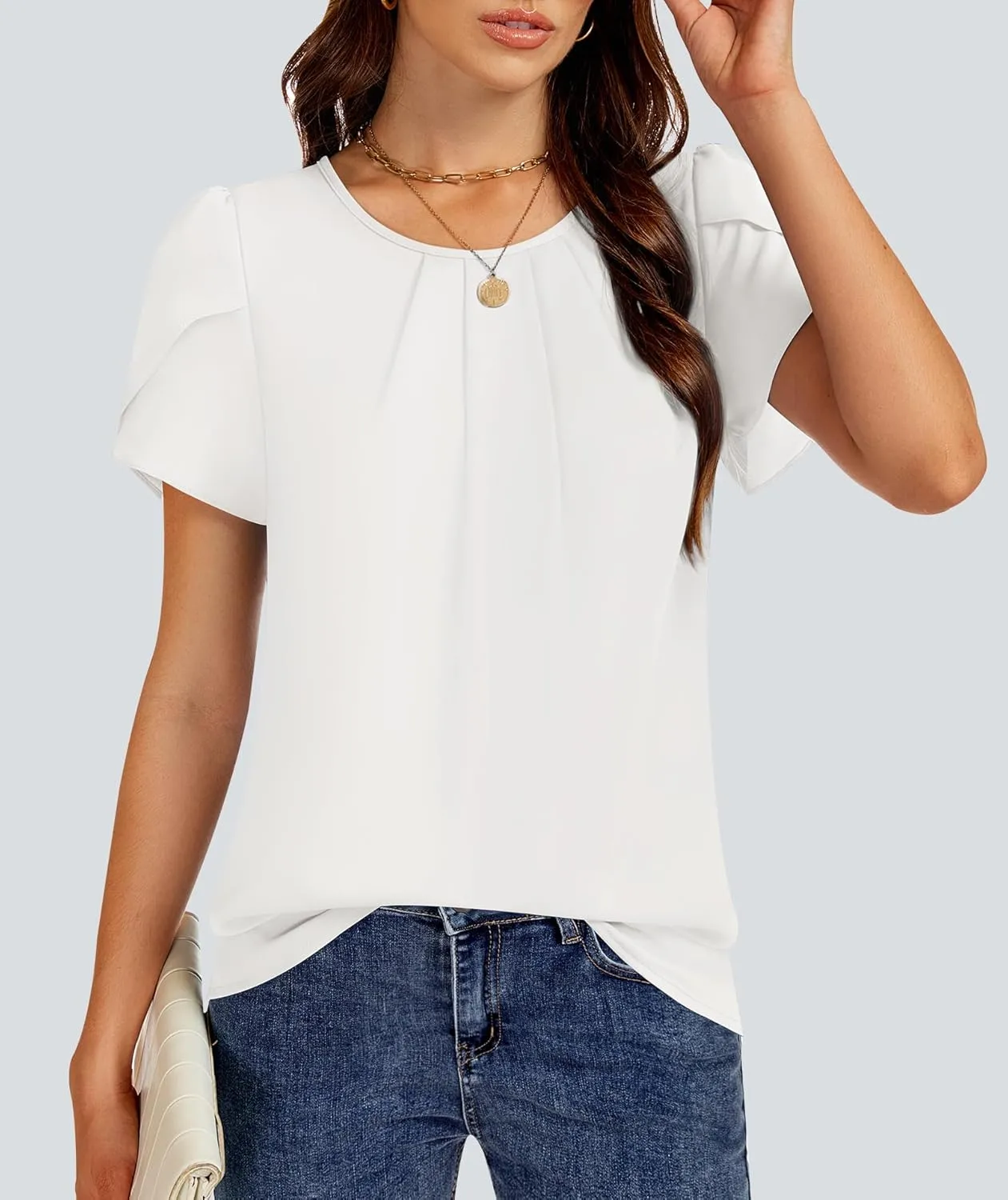 Funlingo Womens Summer Tops Dressy Casual Short Sleeve Tunic Chiffon Blouse Business Pleated Crew Neck Loose Flowy Shirts