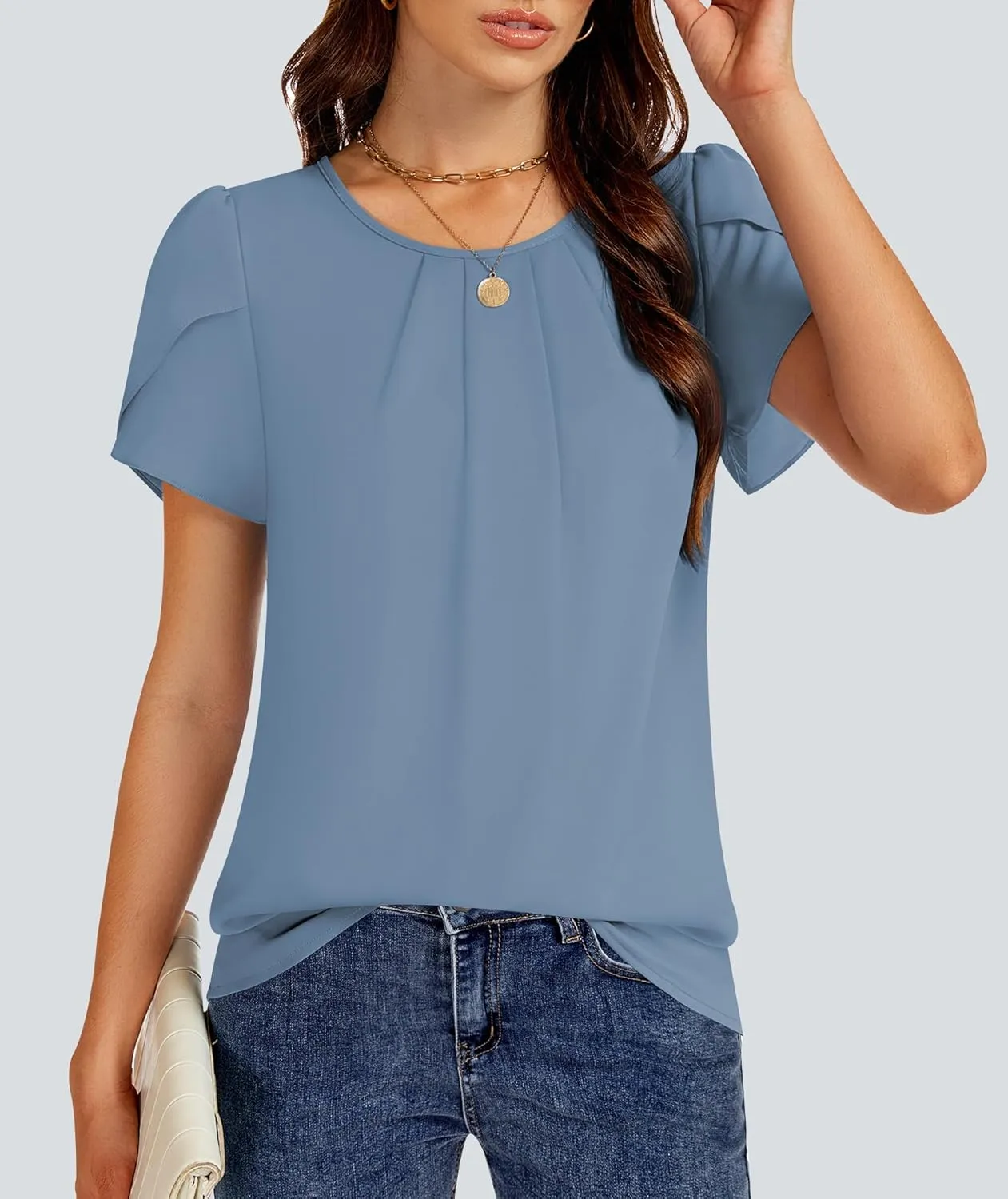 Funlingo Womens Summer Tops Dressy Casual Short Sleeve Tunic Chiffon Blouse Business Pleated Crew Neck Loose Flowy Shirts