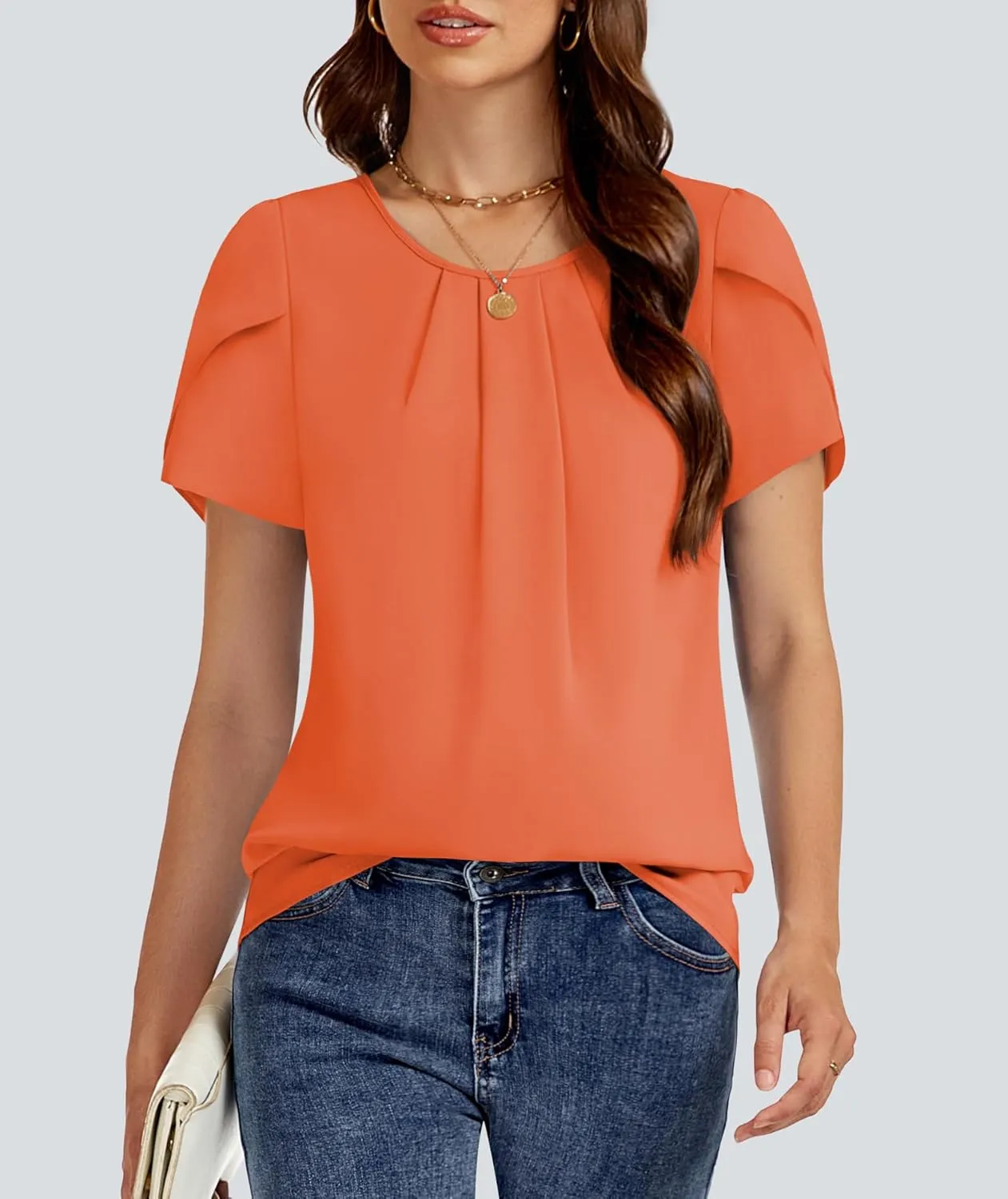 Funlingo Womens Summer Tops Dressy Casual Short Sleeve Tunic Chiffon Blouse Business Pleated Crew Neck Loose Flowy Shirts
