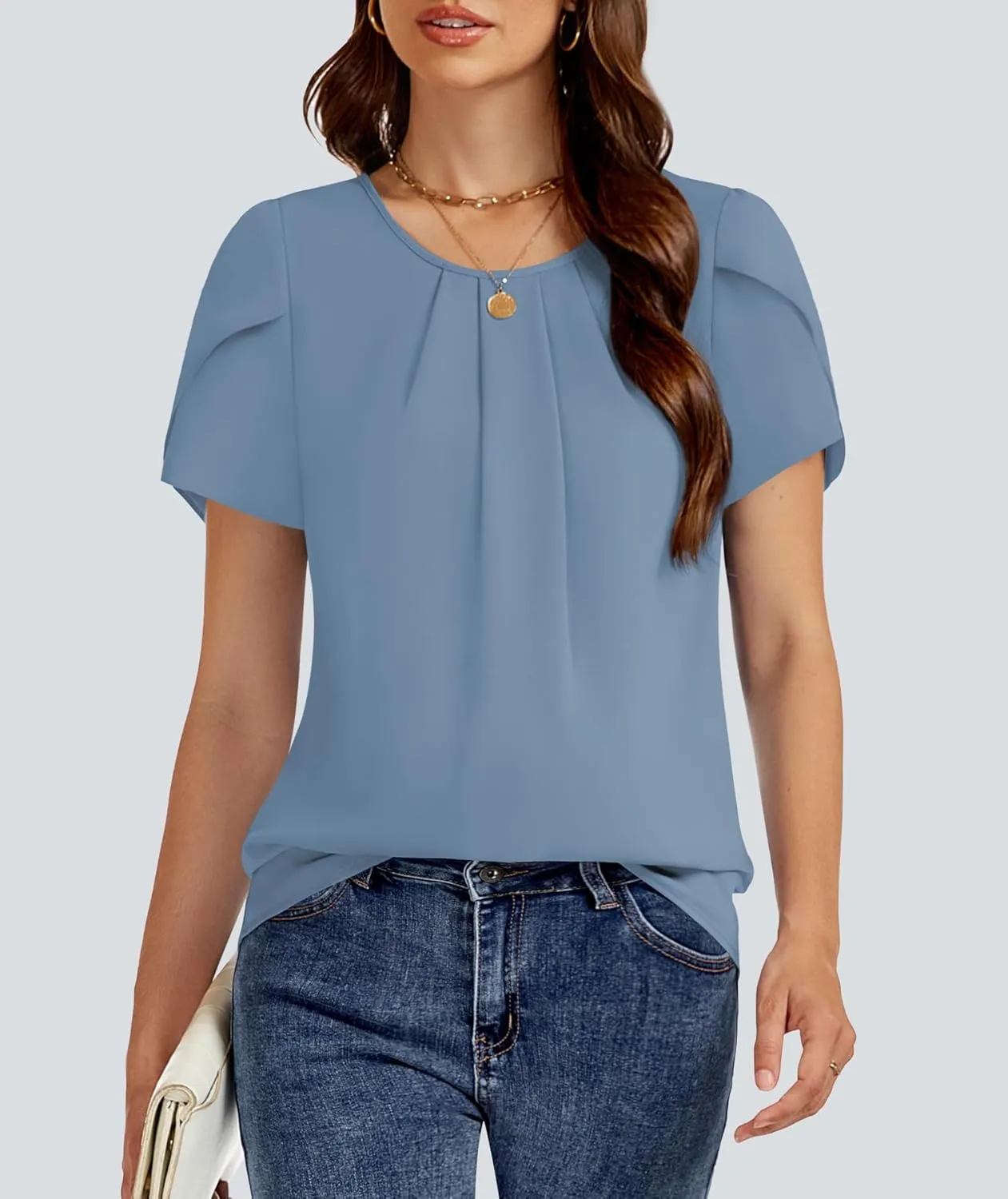 Funlingo Womens Summer Tops Dressy Casual Short Sleeve Tunic Chiffon Blouse Business Pleated Crew Neck Loose Flowy Shirts