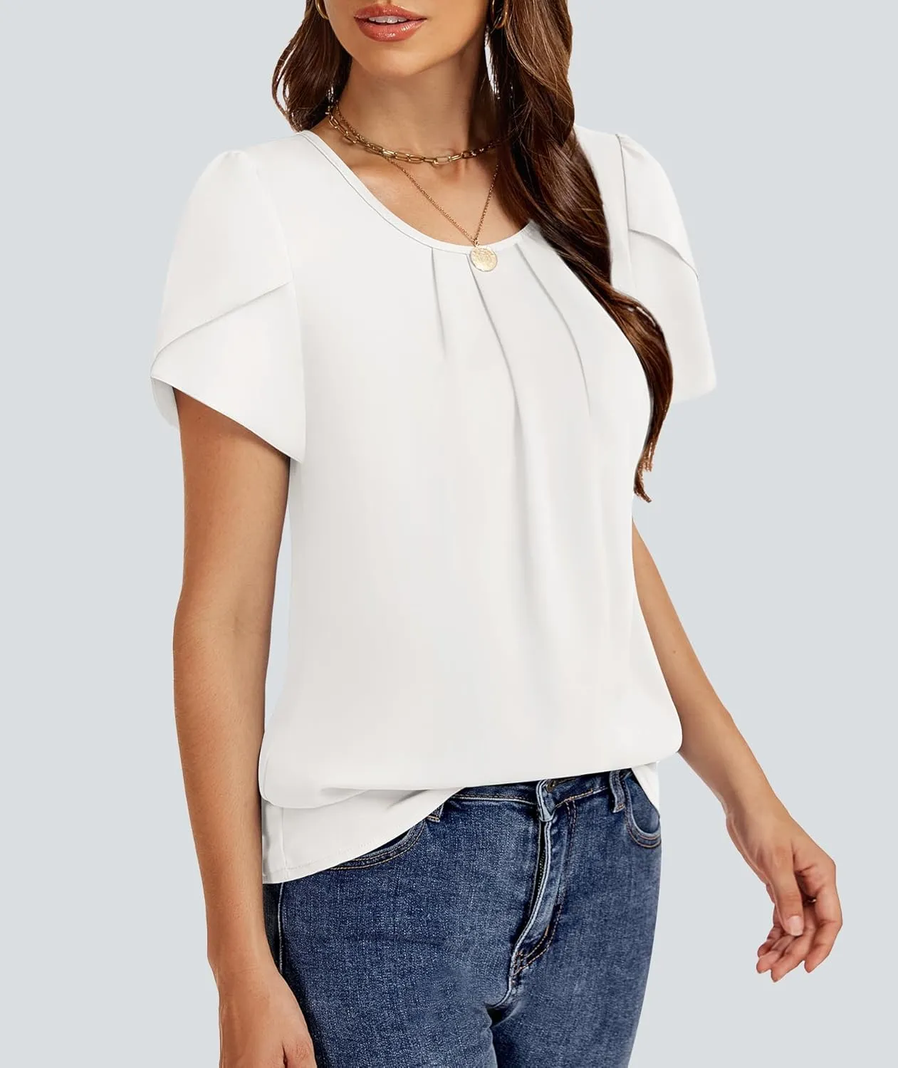 Funlingo Womens Summer Tops Dressy Casual Short Sleeve Tunic Chiffon Blouse Business Pleated Crew Neck Loose Flowy Shirts