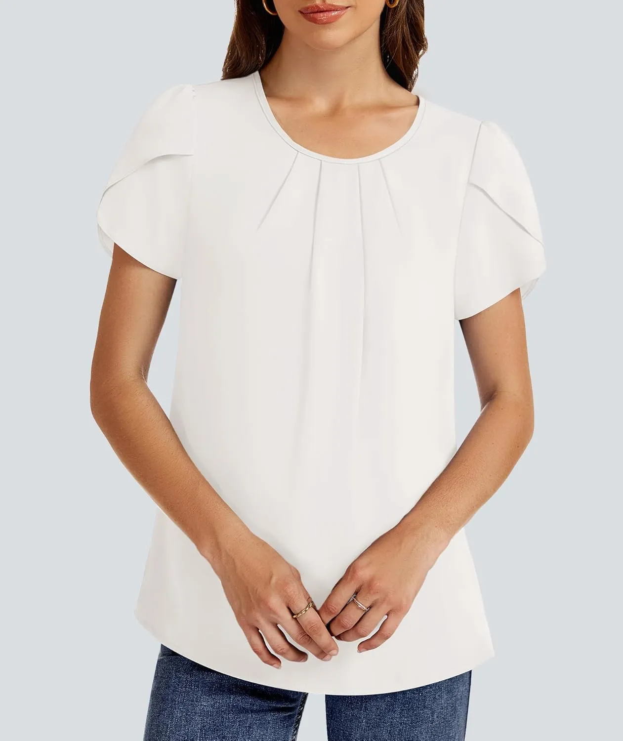 Funlingo Womens Summer Tops Dressy Casual Short Sleeve Tunic Chiffon Blouse Business Pleated Crew Neck Loose Flowy Shirts