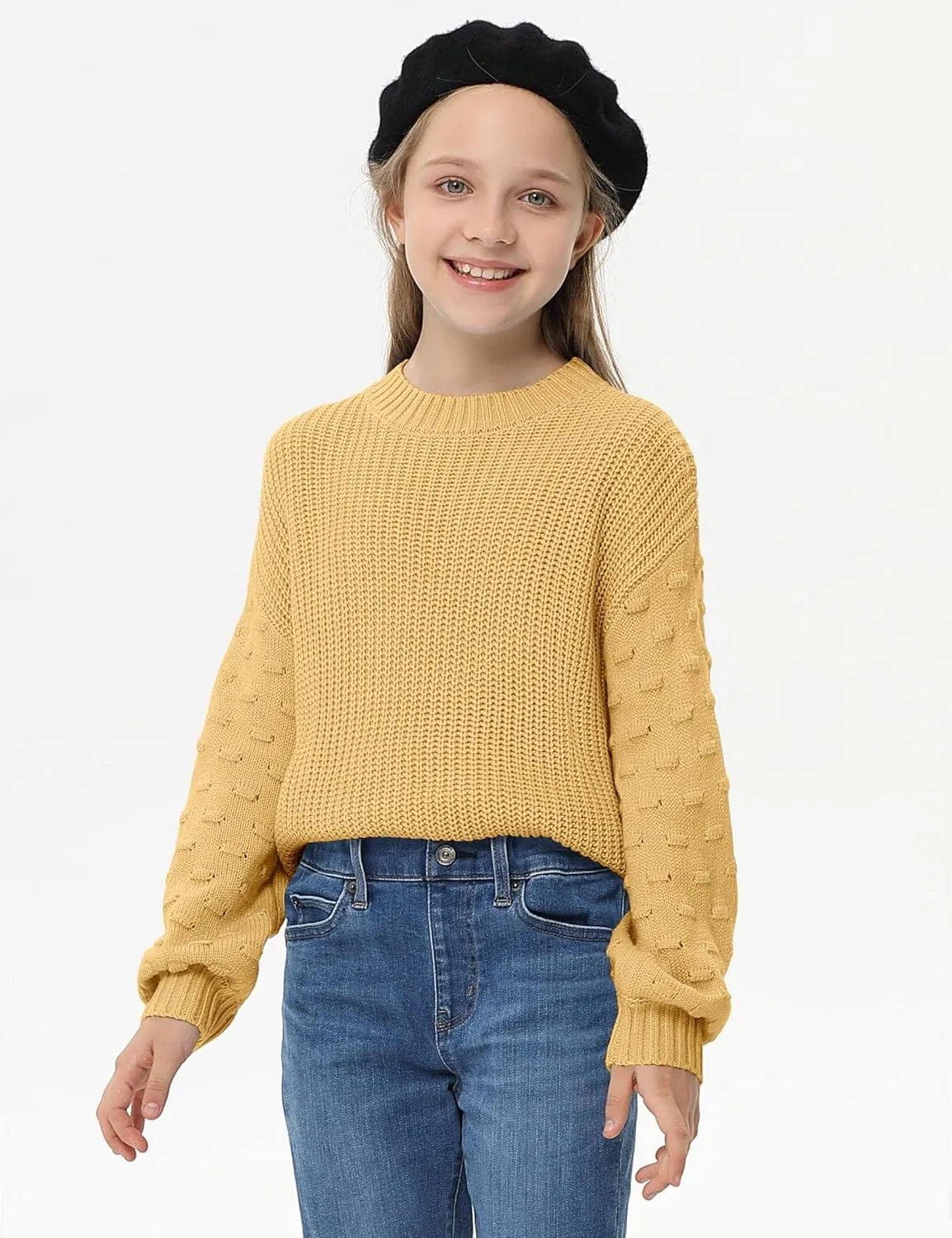 Girls Crewneck Knit Pullover Sweaters Long Lantern Sleeve Oversized Knit Cute Jumper Tops