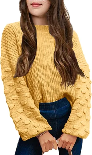 Girls Crewneck Knit Pullover Sweaters Long Lantern Sleeve Oversized Knit Cute Jumper Tops