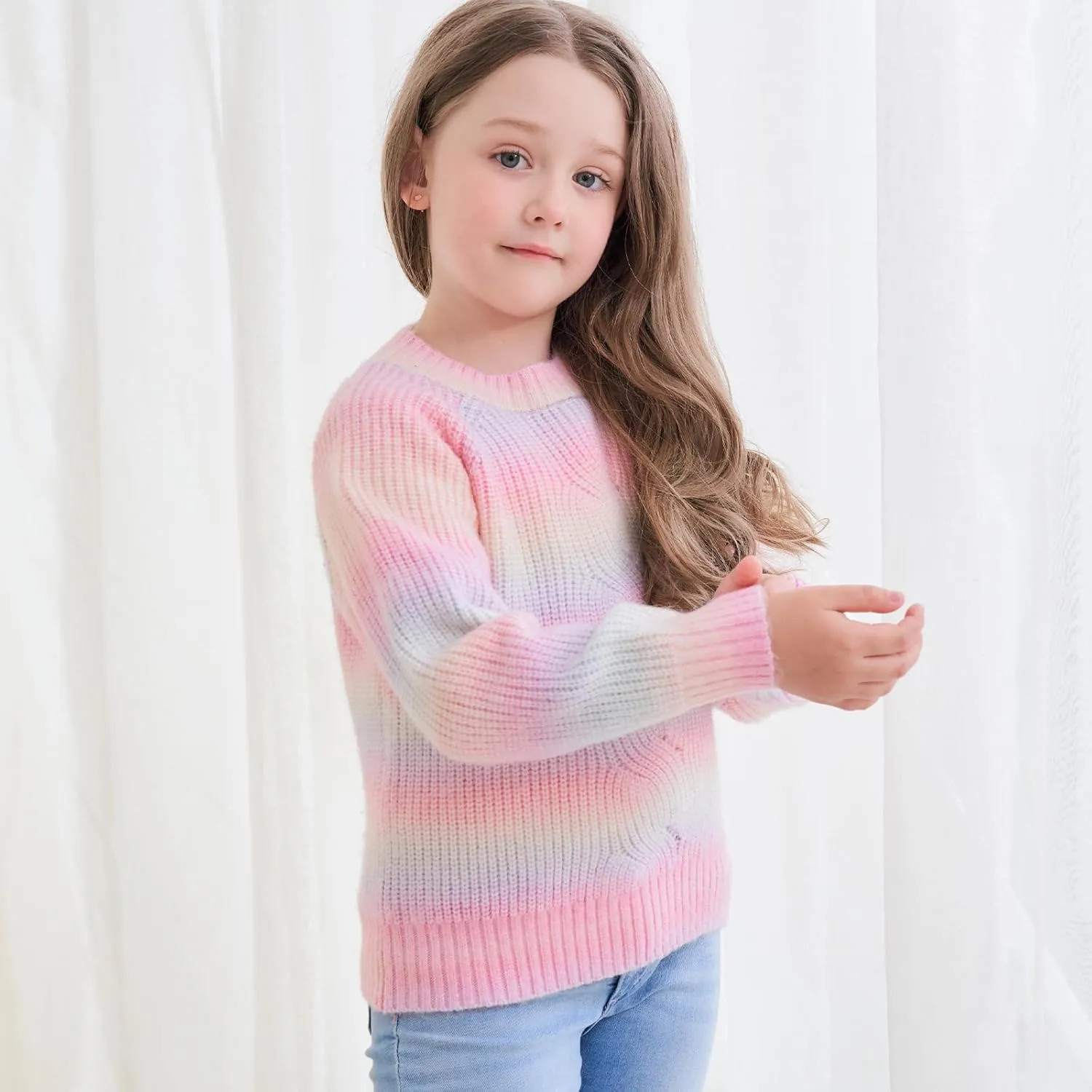 Girls Striped Sweaters Gradient Long Sleeve Cable Knit Sweater Chunky Pullover Jumper Fall Winter