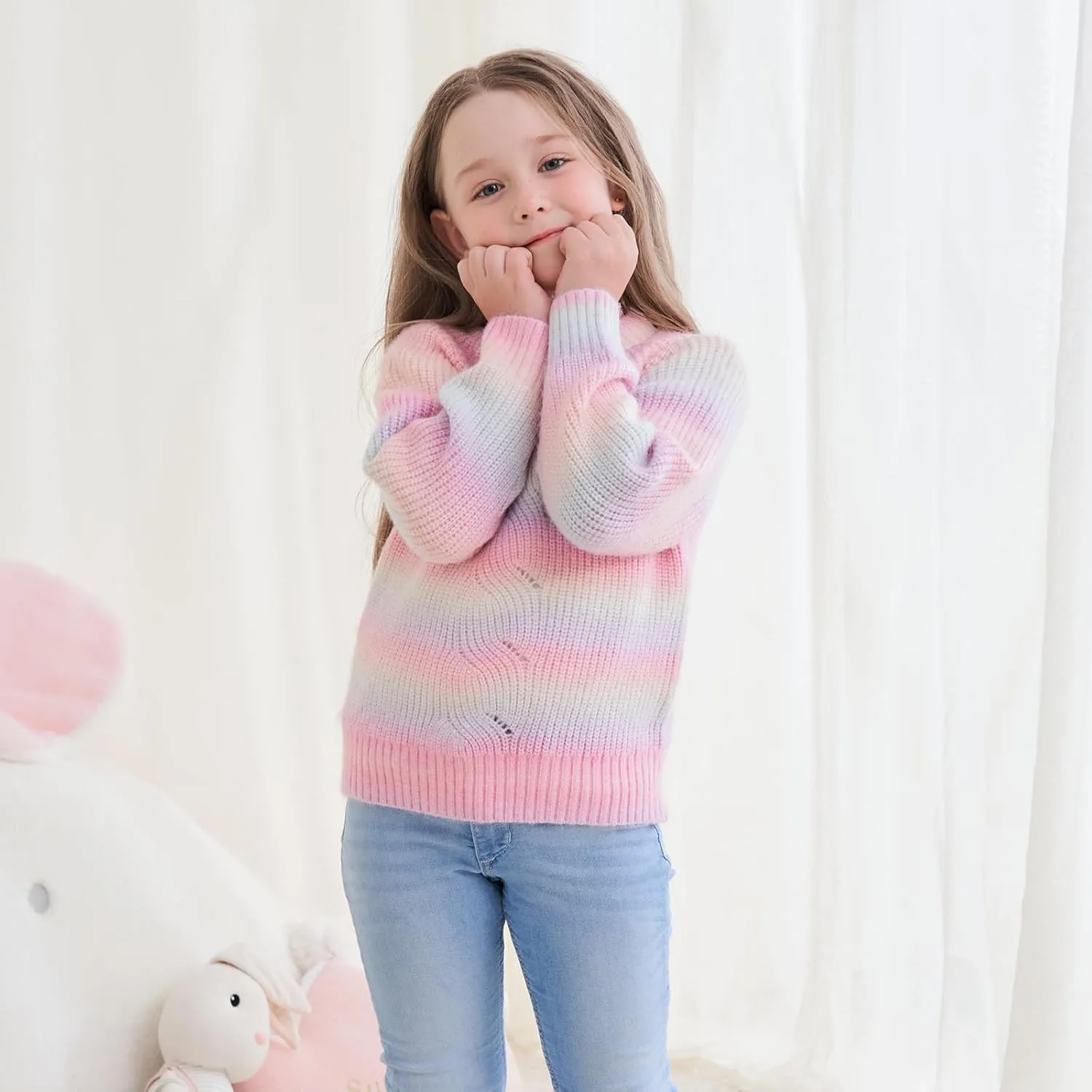Girls Striped Sweaters Gradient Long Sleeve Cable Knit Sweater Chunky Pullover Jumper Fall Winter