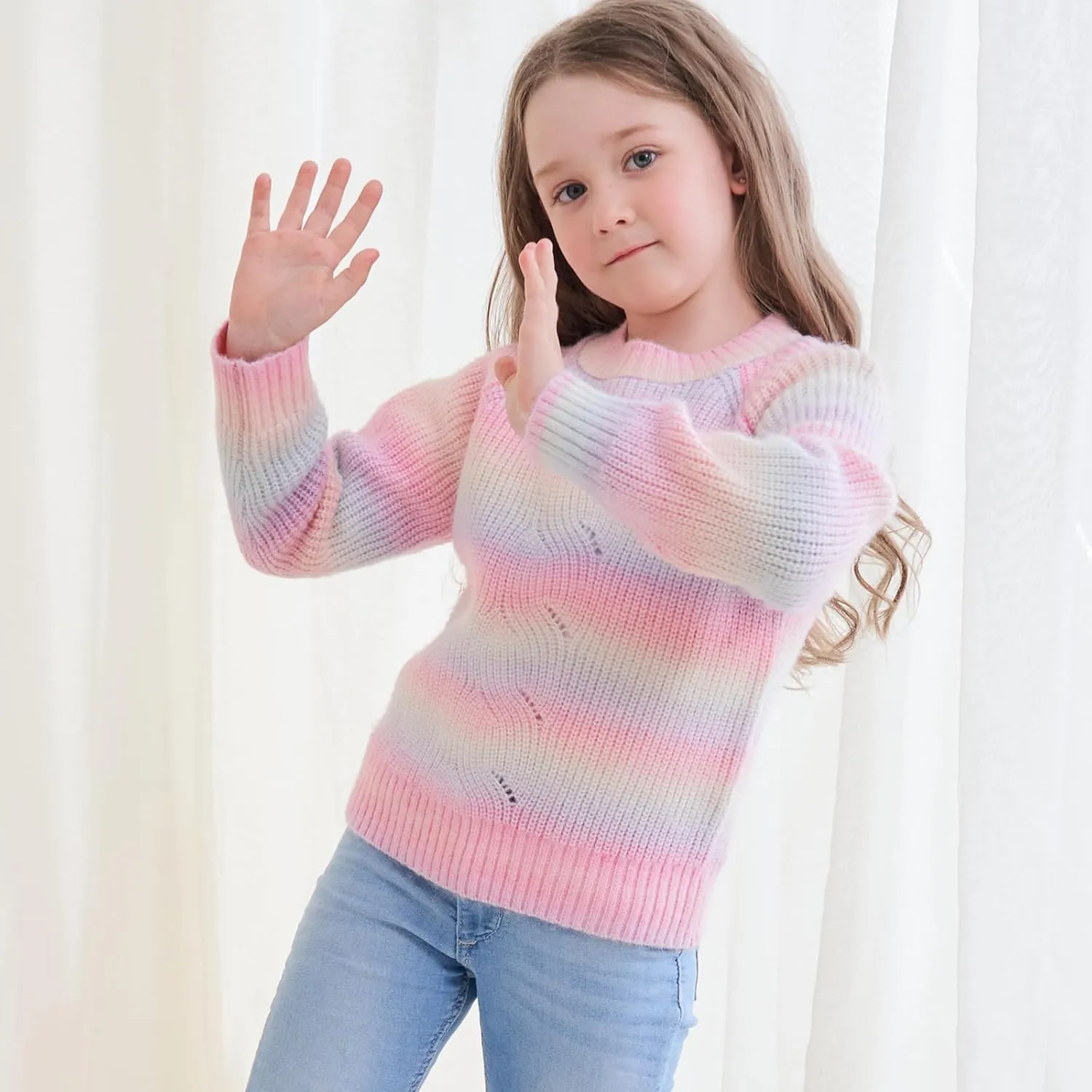 Girls Striped Sweaters Gradient Long Sleeve Cable Knit Sweater Chunky Pullover Jumper Fall Winter