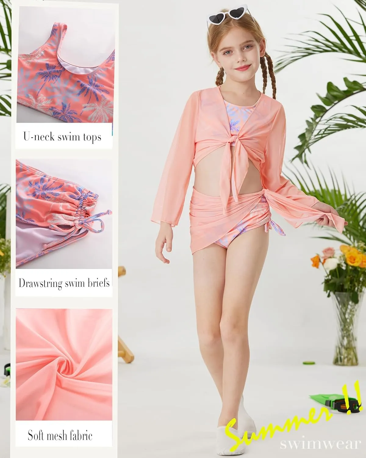 GRACE KARIN Girls Bathing Suit Adjustable Taniki Swimsuit Tie Front 4 Piece Bikini Set with Kimono Cover Up 6-14