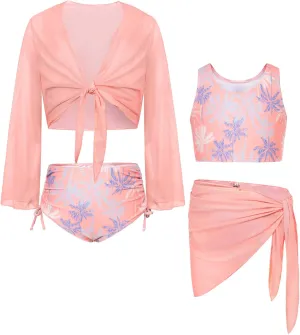 GRACE KARIN Girls Bathing Suit Adjustable Taniki Swimsuit Tie Front 4 Piece Bikini Set with Kimono Cover Up 6-14
