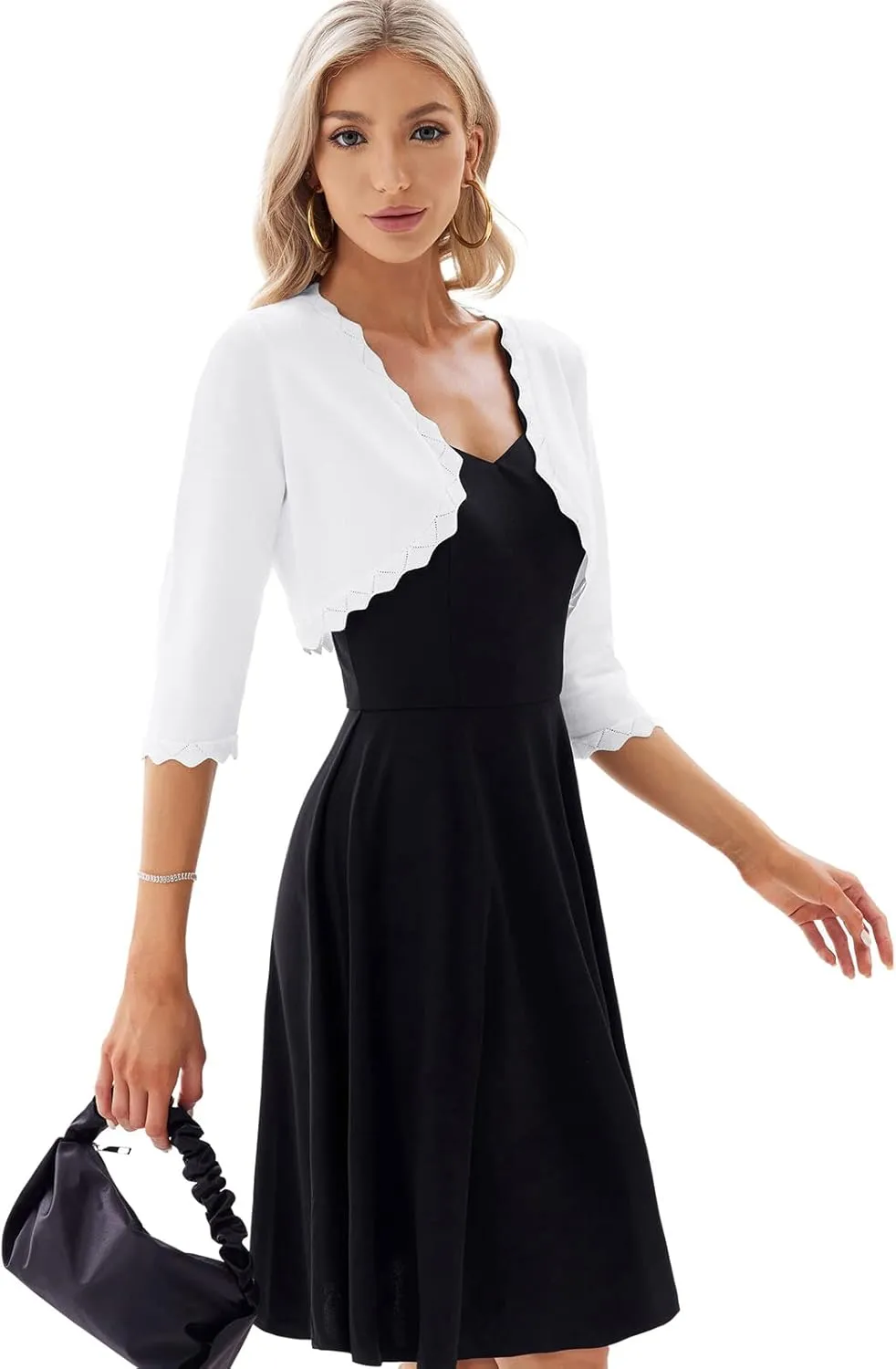 GRACE KARIN Women's 3/4 Sleeve Open Front Scalloped Knit Cropped Bolero Shrug Cardigan