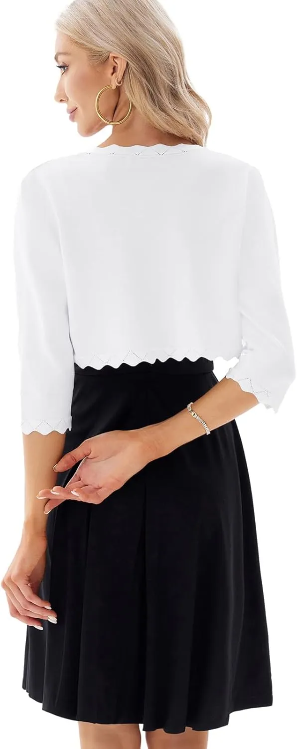 GRACE KARIN Women's 3/4 Sleeve Open Front Scalloped Knit Cropped Bolero Shrug Cardigan