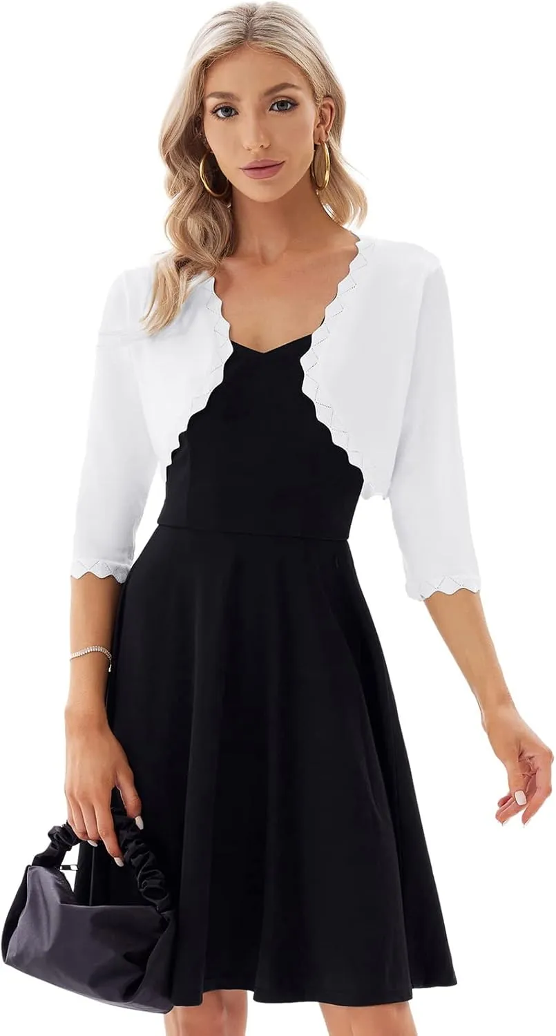 GRACE KARIN Women's 3/4 Sleeve Open Front Scalloped Knit Cropped Bolero Shrug Cardigan