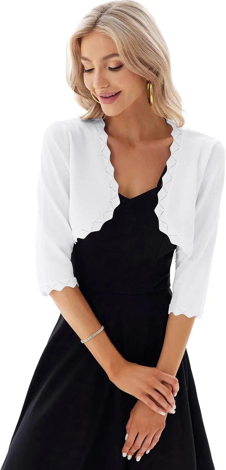 GRACE KARIN Women's 3/4 Sleeve Open Front Scalloped Knit Cropped Bolero Shrug Cardigan