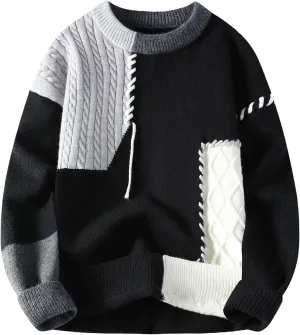 GURUNVANI Patchwork Sweater Mens Colorblock Jumper Cable Knitted Pullover Oversized