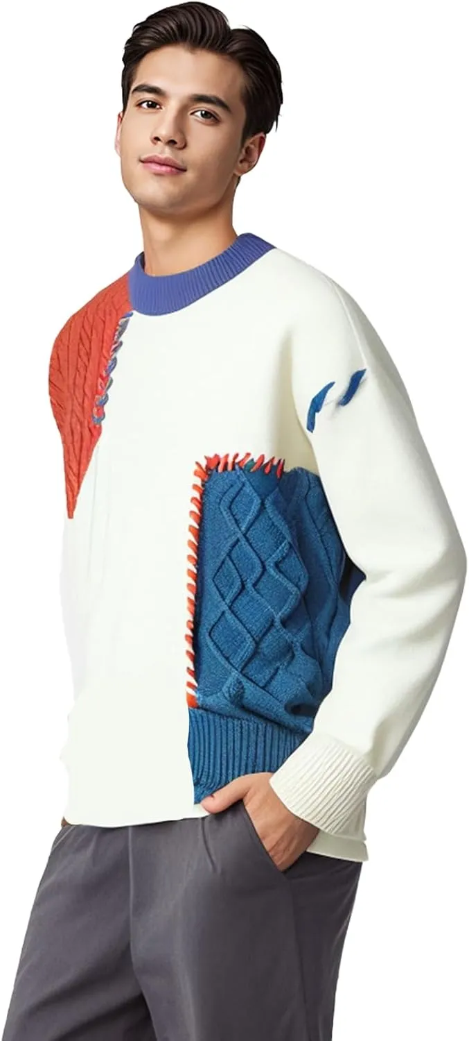 GURUNVANI Patchwork Sweater Mens Colorblock Jumper Cable Knitted Pullover Oversized