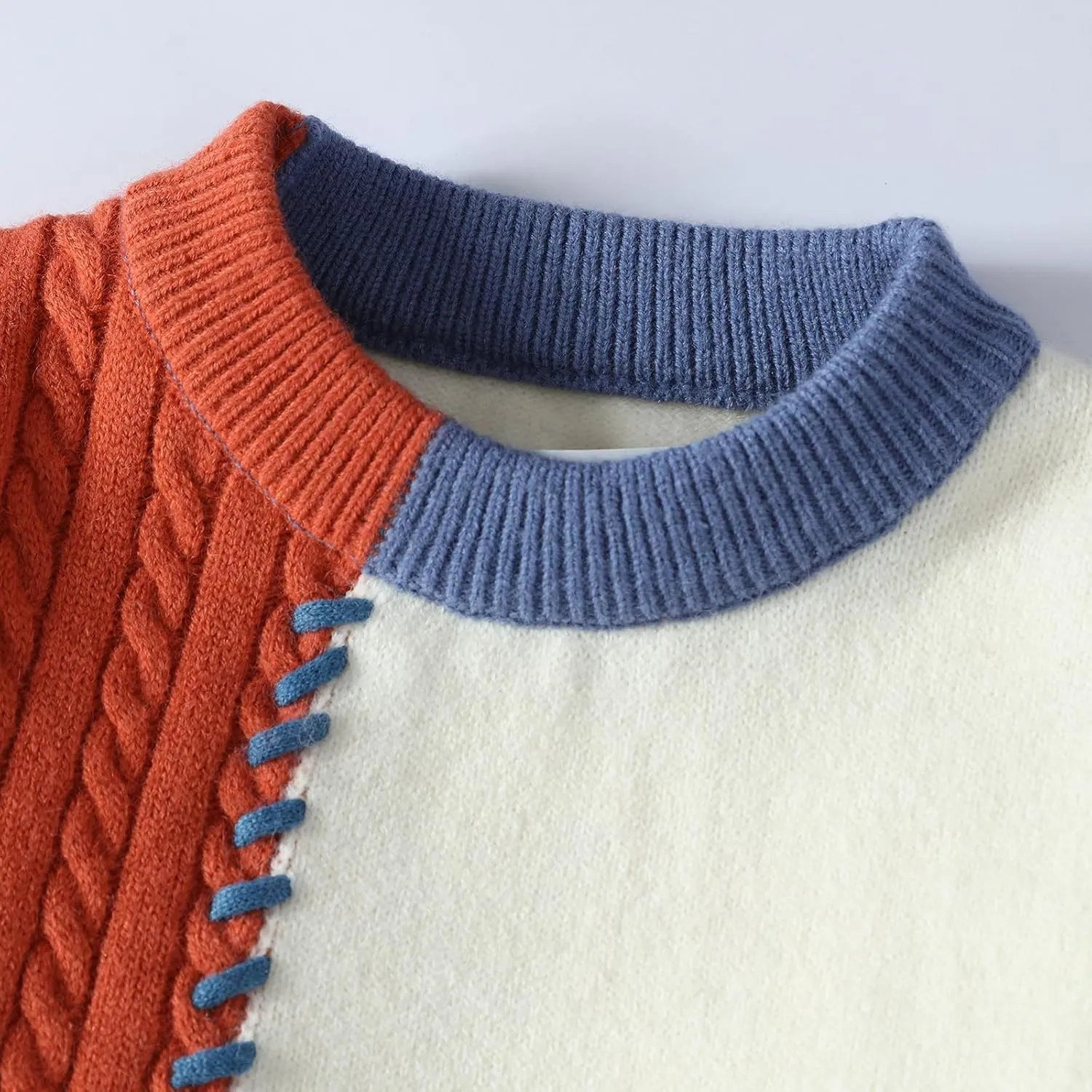 GURUNVANI Patchwork Sweater Mens Colorblock Jumper Cable Knitted Pullover Oversized