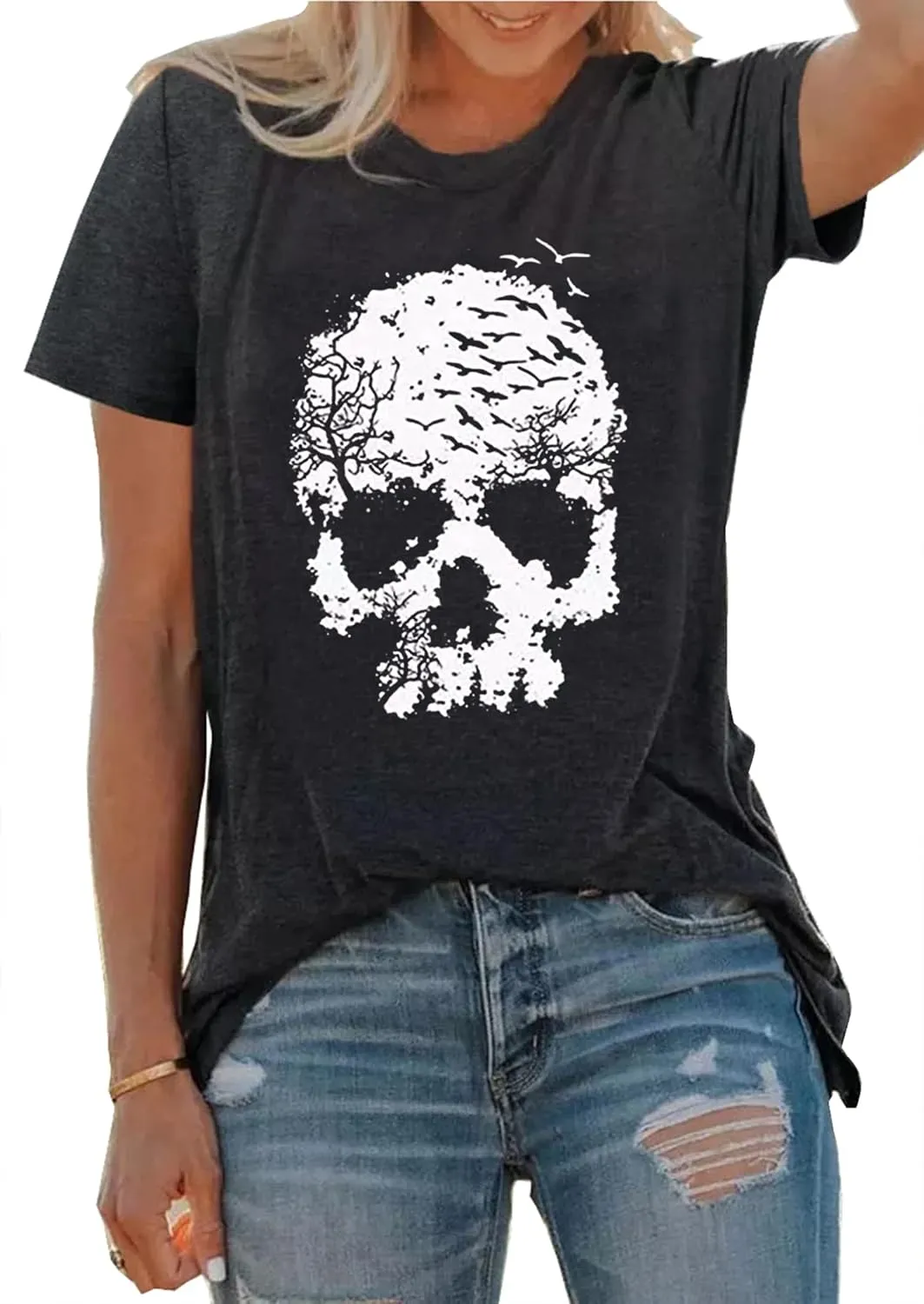 Halloween Skull Shirt for Women Vintage Gothic Graphic T Shirt Novelty Skeleton Halloween Hocus Pocus T-Shirt Tops