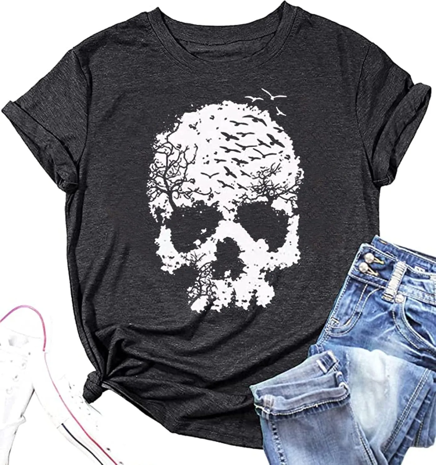 Halloween Skull Shirt for Women Vintage Gothic Graphic T Shirt Novelty Skeleton Halloween Hocus Pocus T-Shirt Tops