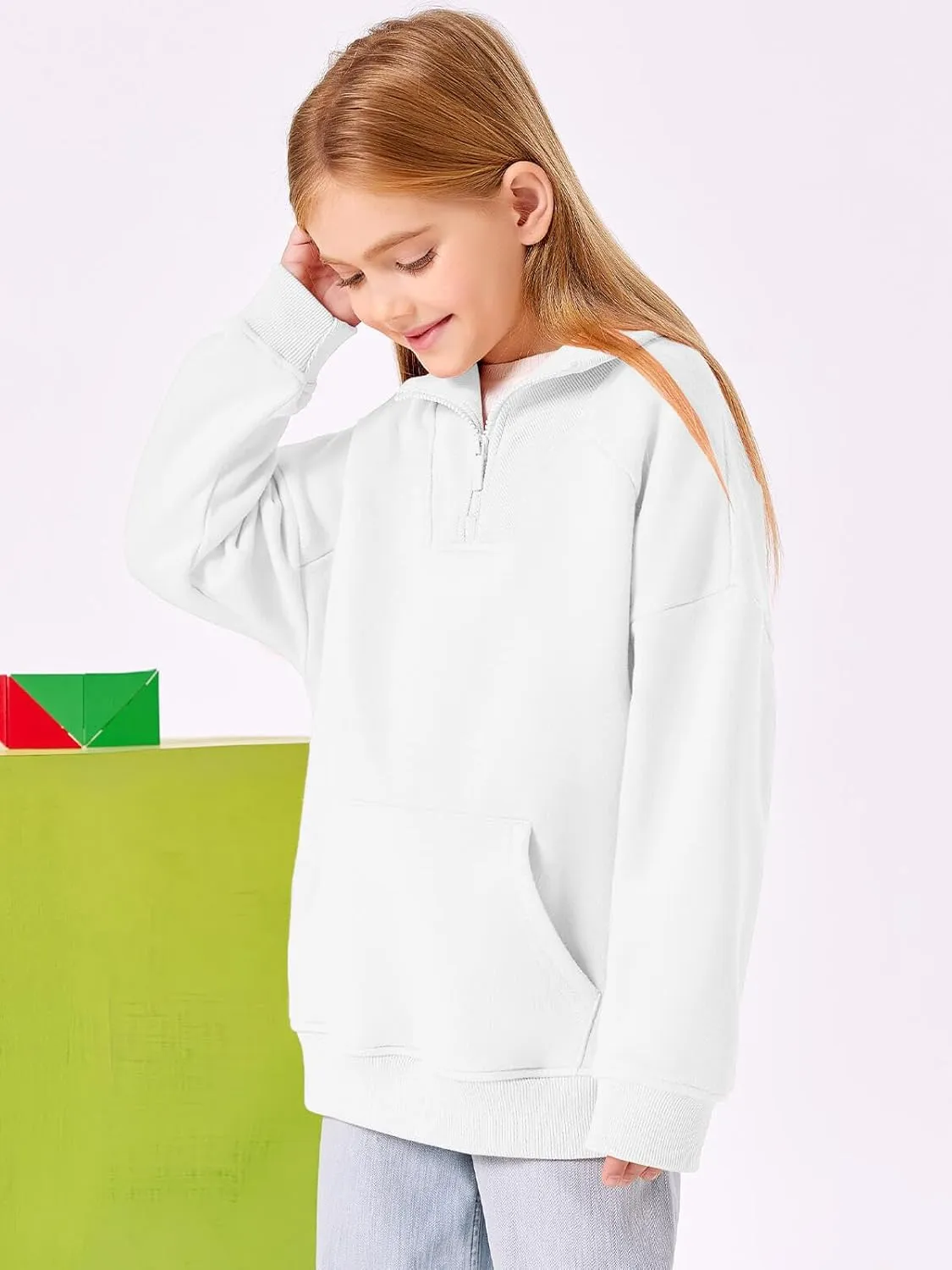 Haloumoning Girls Quarter Zip Sweatshirts Oversized Pullover Long Sleeve Mock Neck Warm Fleece Clothes