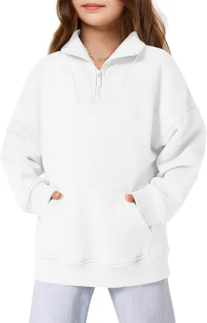 Haloumoning Girls Quarter Zip Sweatshirts Oversized Pullover Long Sleeve Mock Neck Warm Fleece Clothes