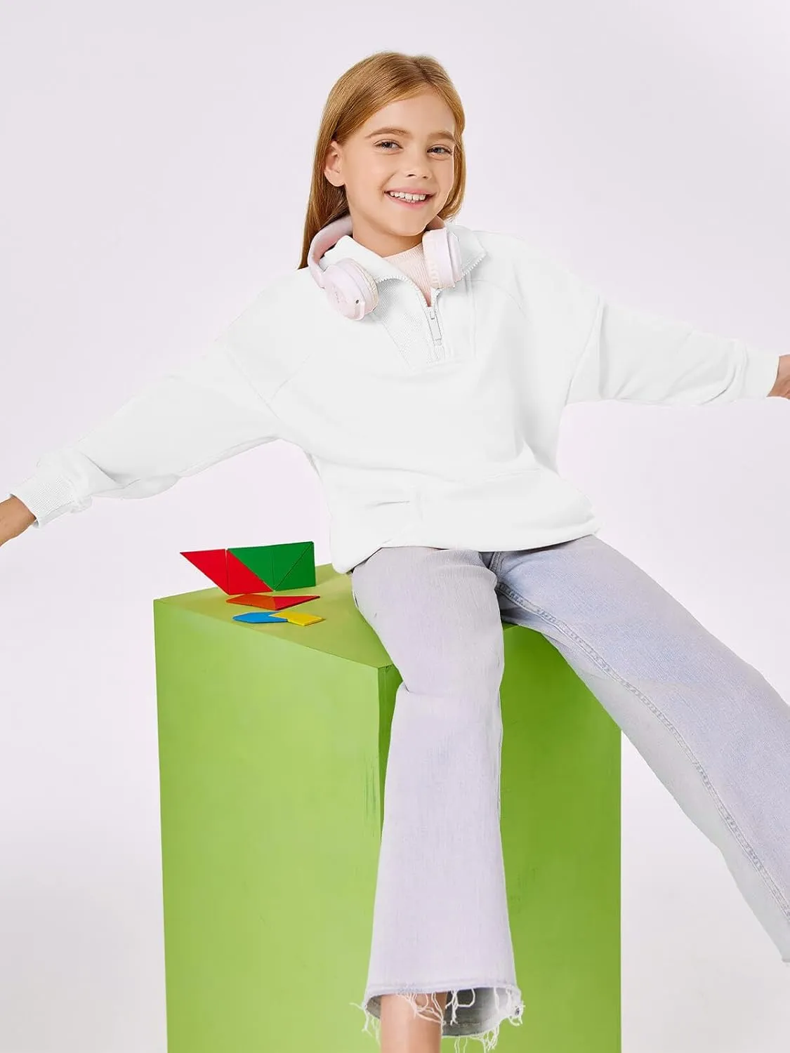 Haloumoning Girls Quarter Zip Sweatshirts Oversized Pullover Long Sleeve Mock Neck Warm Fleece Clothes