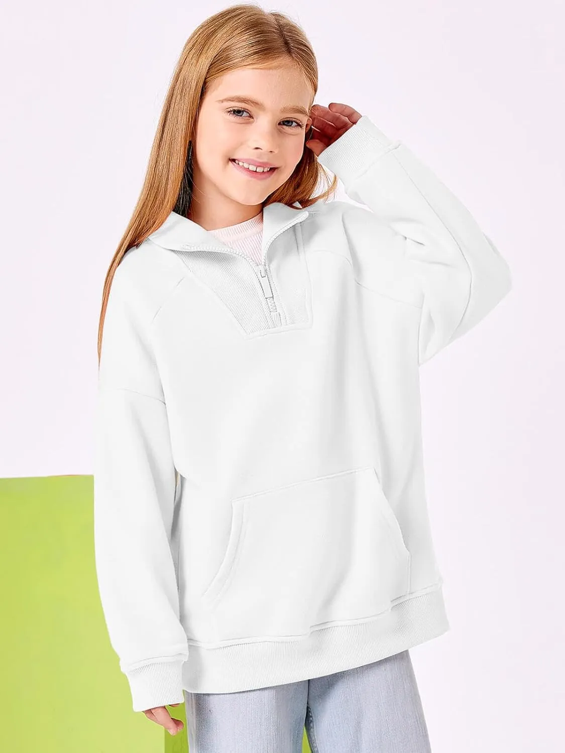 Haloumoning Girls Quarter Zip Sweatshirts Oversized Pullover Long Sleeve Mock Neck Warm Fleece Clothes
