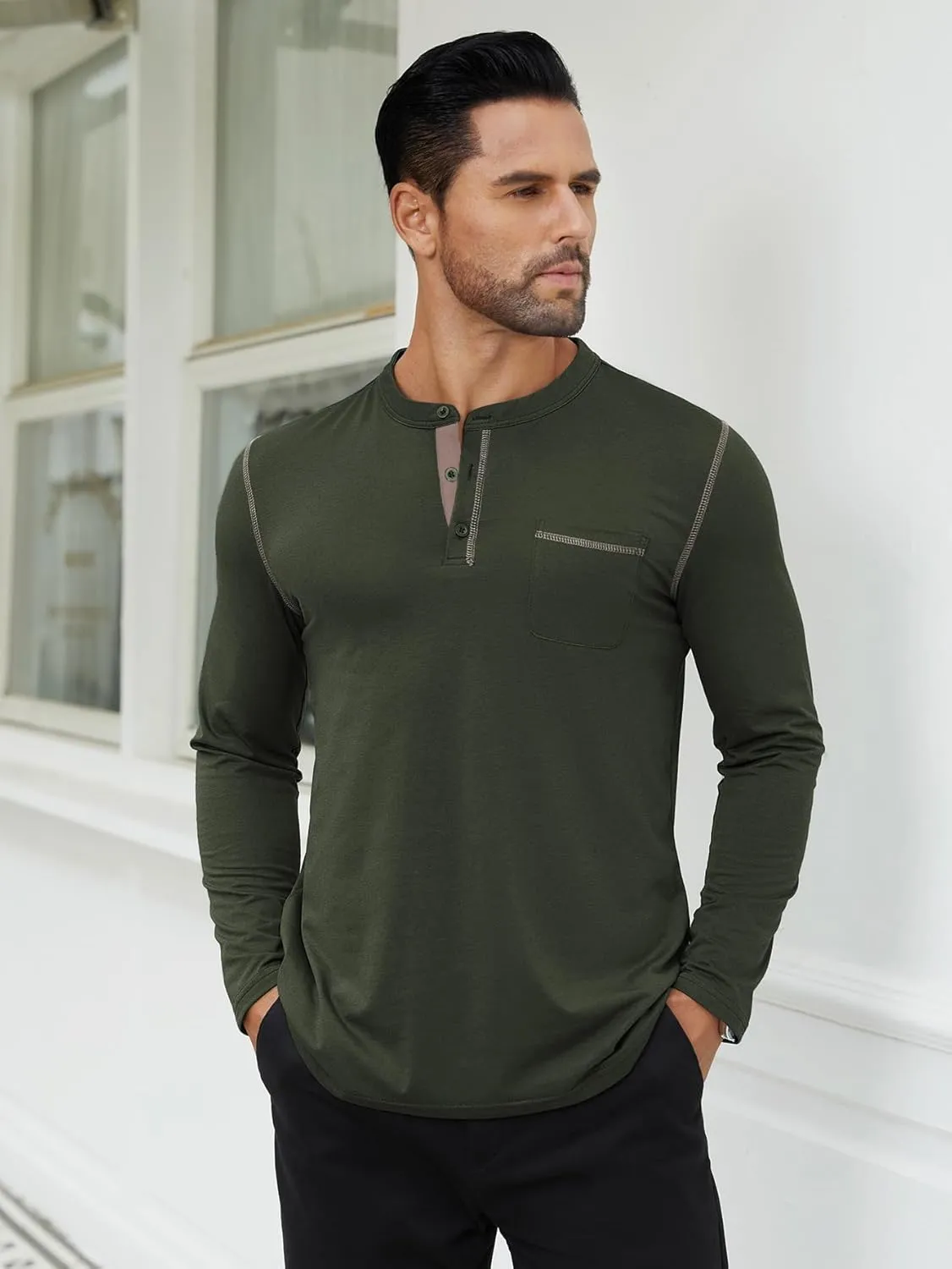 Hardaddy Color Contrast Henley Shirt Long Sleeve Button T-Shirt Henley Tshirt for Men Basic Pullover Shirt with Pocket