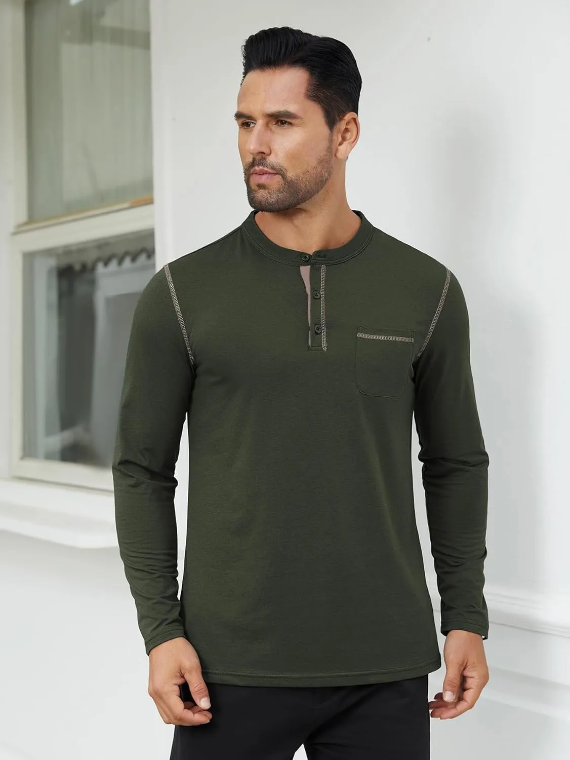 Hardaddy Color Contrast Henley Shirt Long Sleeve Button T-Shirt Henley Tshirt for Men Basic Pullover Shirt with Pocket