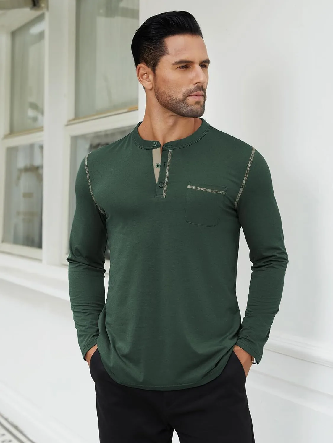 Hardaddy Color Contrast Henley Shirt Long Sleeve Button T-Shirt Henley Tshirt for Men Basic Pullover Shirt with Pocket