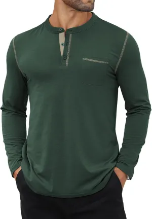 Hardaddy Color Contrast Henley Shirt Long Sleeve Button T-Shirt Henley Tshirt for Men Basic Pullover Shirt with Pocket