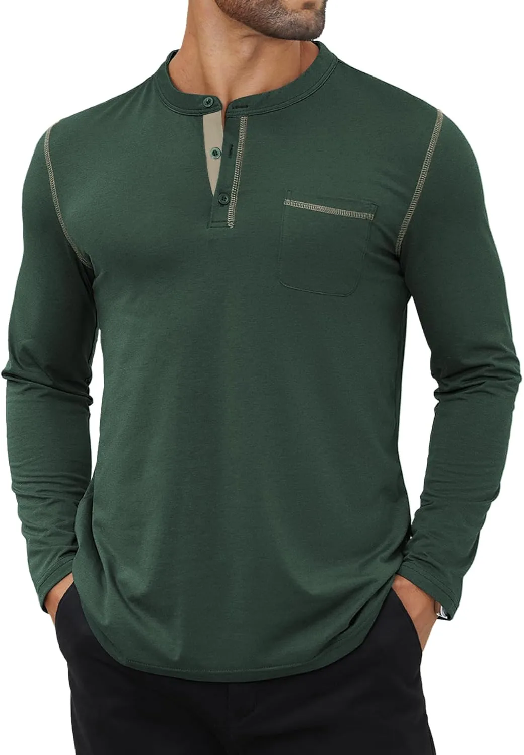 Hardaddy Color Contrast Henley Shirt Long Sleeve Button T-Shirt Henley Tshirt for Men Basic Pullover Shirt with Pocket