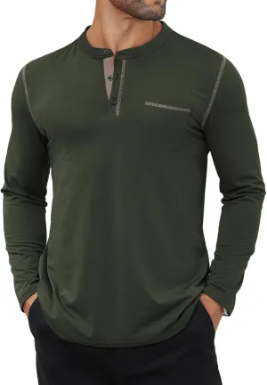 Hardaddy Color Contrast Henley Shirt Long Sleeve Button T-Shirt Henley Tshirt for Men Basic Pullover Shirt with Pocket