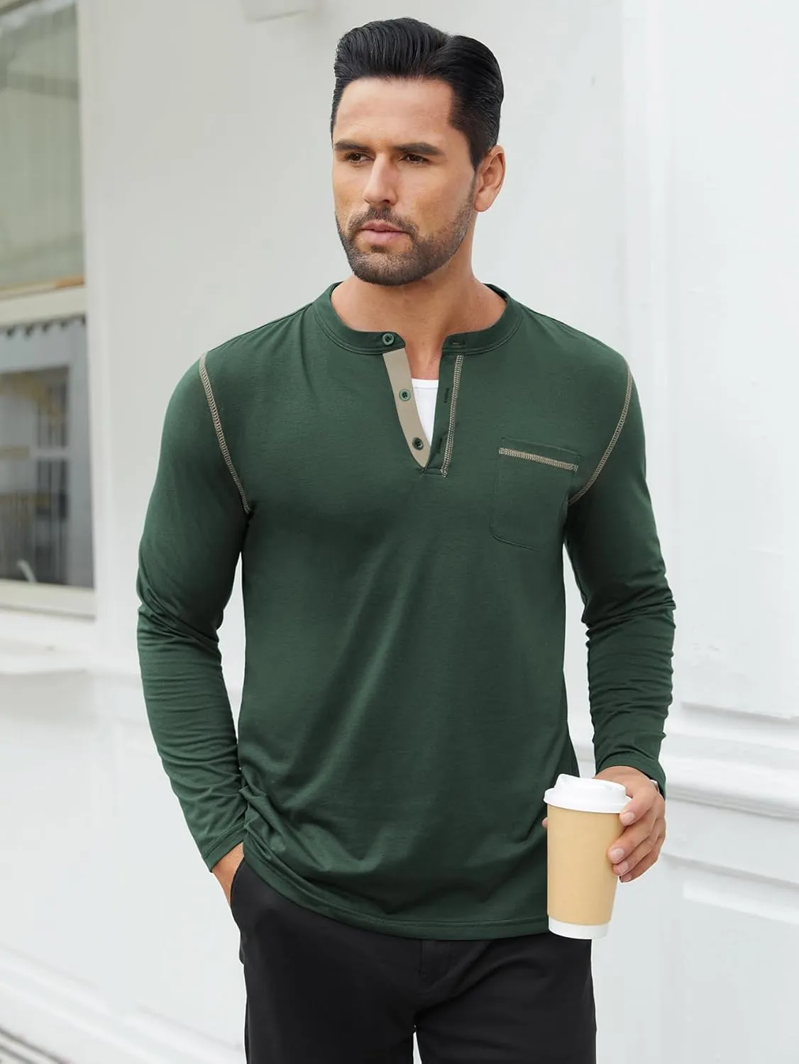 Hardaddy Color Contrast Henley Shirt Long Sleeve Button T-Shirt Henley Tshirt for Men Basic Pullover Shirt with Pocket