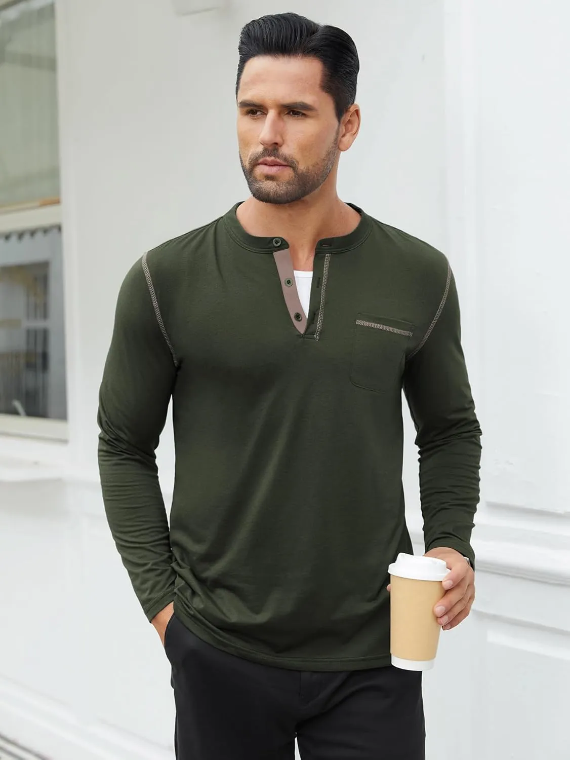 Hardaddy Color Contrast Henley Shirt Long Sleeve Button T-Shirt Henley Tshirt for Men Basic Pullover Shirt with Pocket