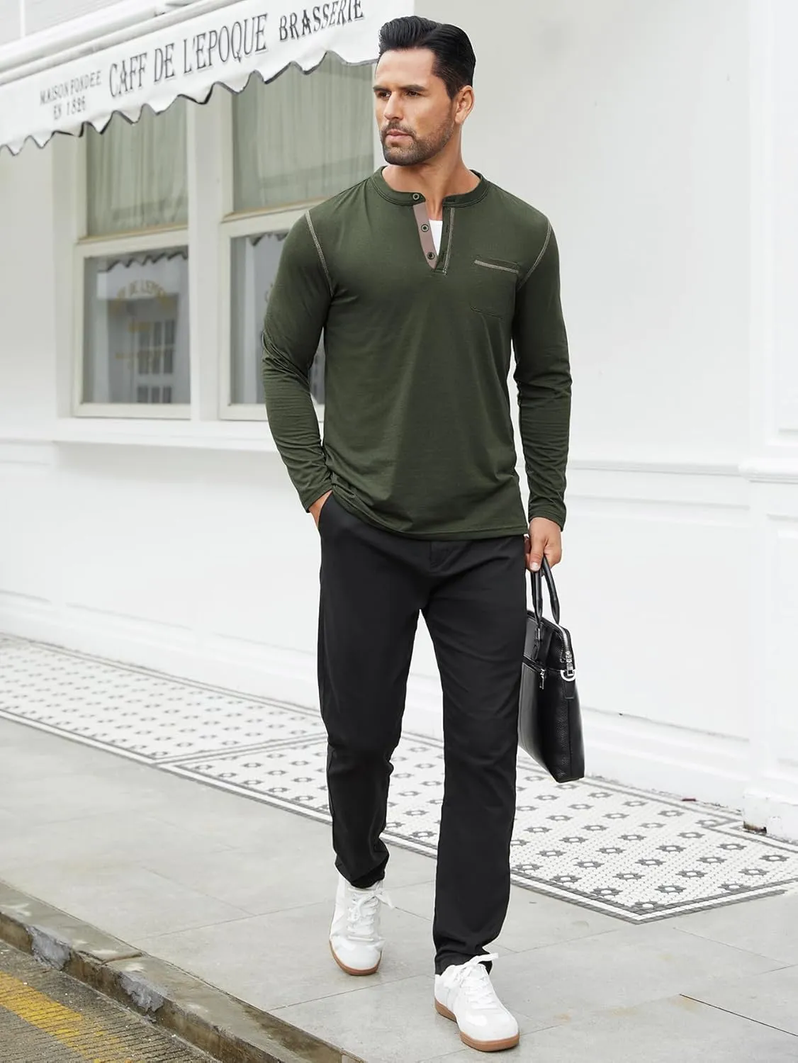 Hardaddy Color Contrast Henley Shirt Long Sleeve Button T-Shirt Henley Tshirt for Men Basic Pullover Shirt with Pocket
