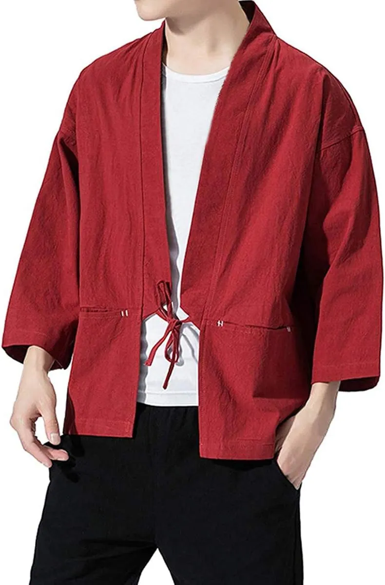 Haseil Men's Kimono Cardigan Japanese Jackets Casual Cotton 3/4 Sleeve Shirt Open Front Coat Lightweight Linen Outwear