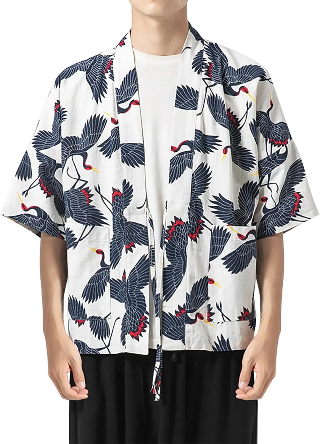 Haseil Men's Kimono Cardigan Japanese Jackets Casual Cotton 3/4 Sleeve Shirt Open Front Coat Lightweight Linen Outwear