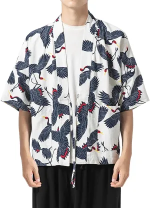 Haseil Men's Kimono Cardigan Japanese Jackets Casual Cotton 3/4 Sleeve Shirt Open Front Coat Lightweight Linen Outwear