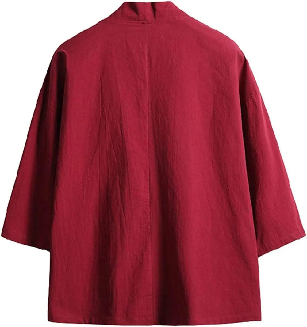 Haseil Men's Kimono Cardigan Japanese Jackets Casual Cotton 3/4 Sleeve Shirt Open Front Coat Lightweight Linen Outwear