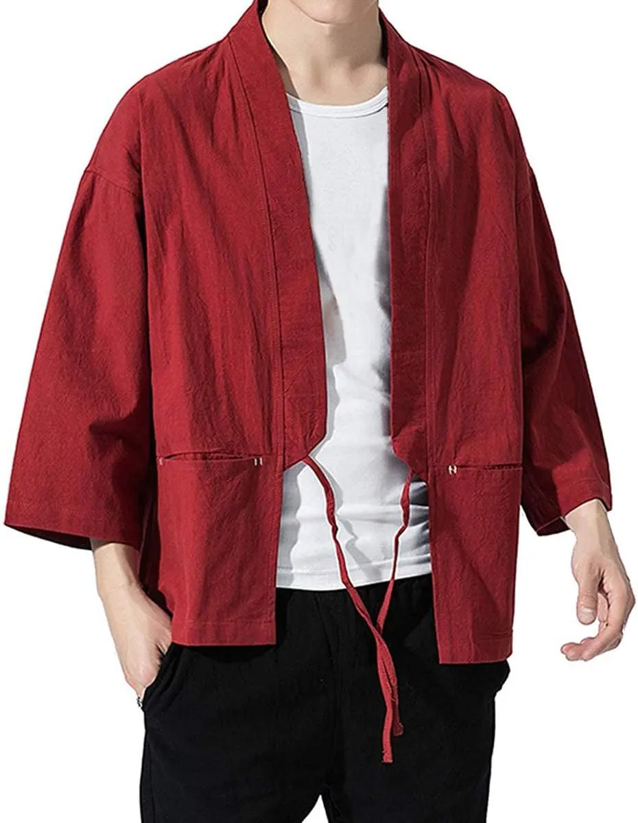 Haseil Men's Kimono Cardigan Japanese Jackets Casual Cotton 3/4 Sleeve Shirt Open Front Coat Lightweight Linen Outwear