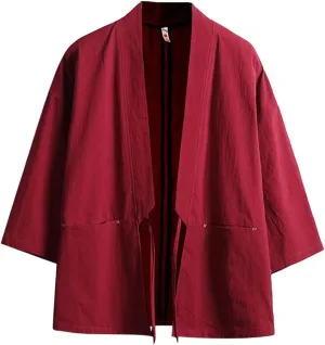Haseil Men's Kimono Cardigan Japanese Jackets Casual Cotton 3/4 Sleeve Shirt Open Front Coat Lightweight Linen Outwear