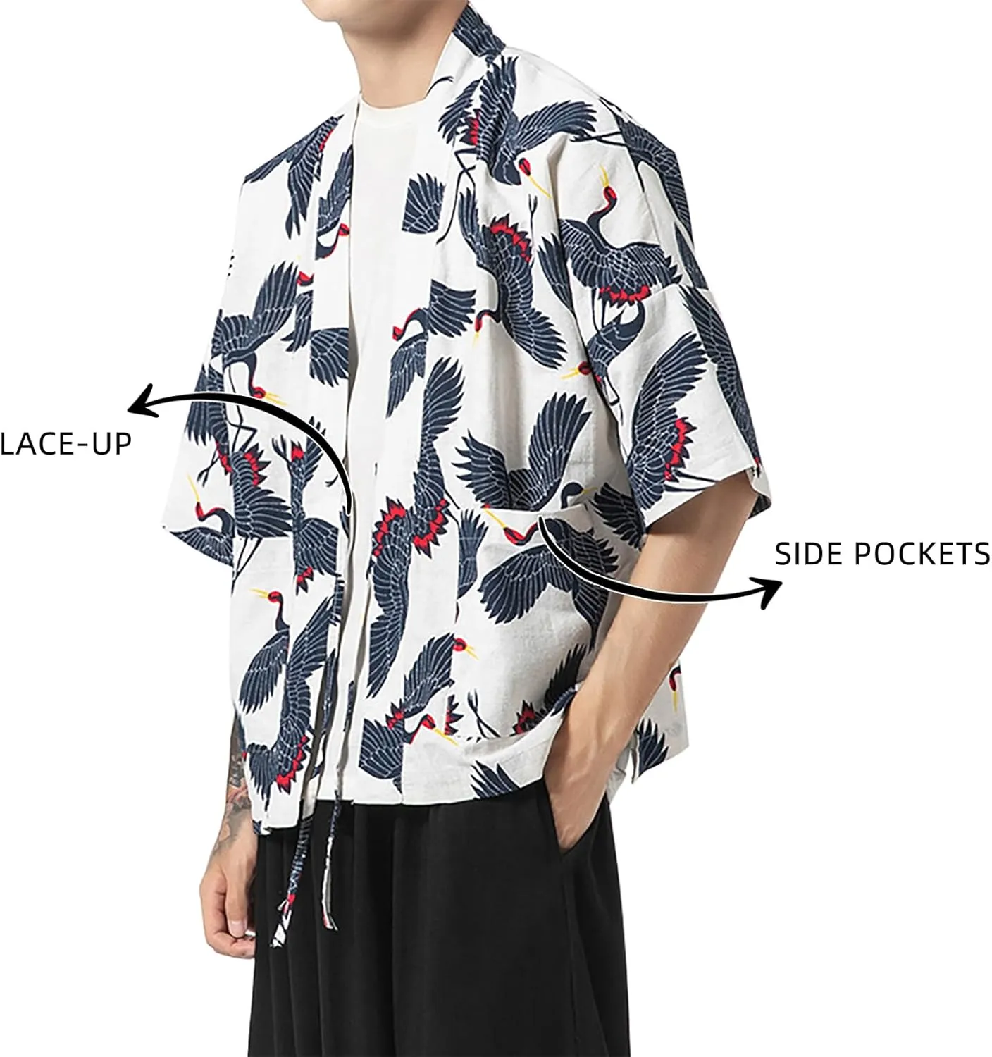 Haseil Men's Kimono Cardigan Japanese Jackets Casual Cotton 3/4 Sleeve Shirt Open Front Coat Lightweight Linen Outwear