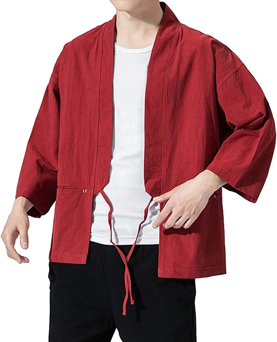 Haseil Men's Kimono Cardigan Japanese Jackets Casual Cotton 3/4 Sleeve Shirt Open Front Coat Lightweight Linen Outwear