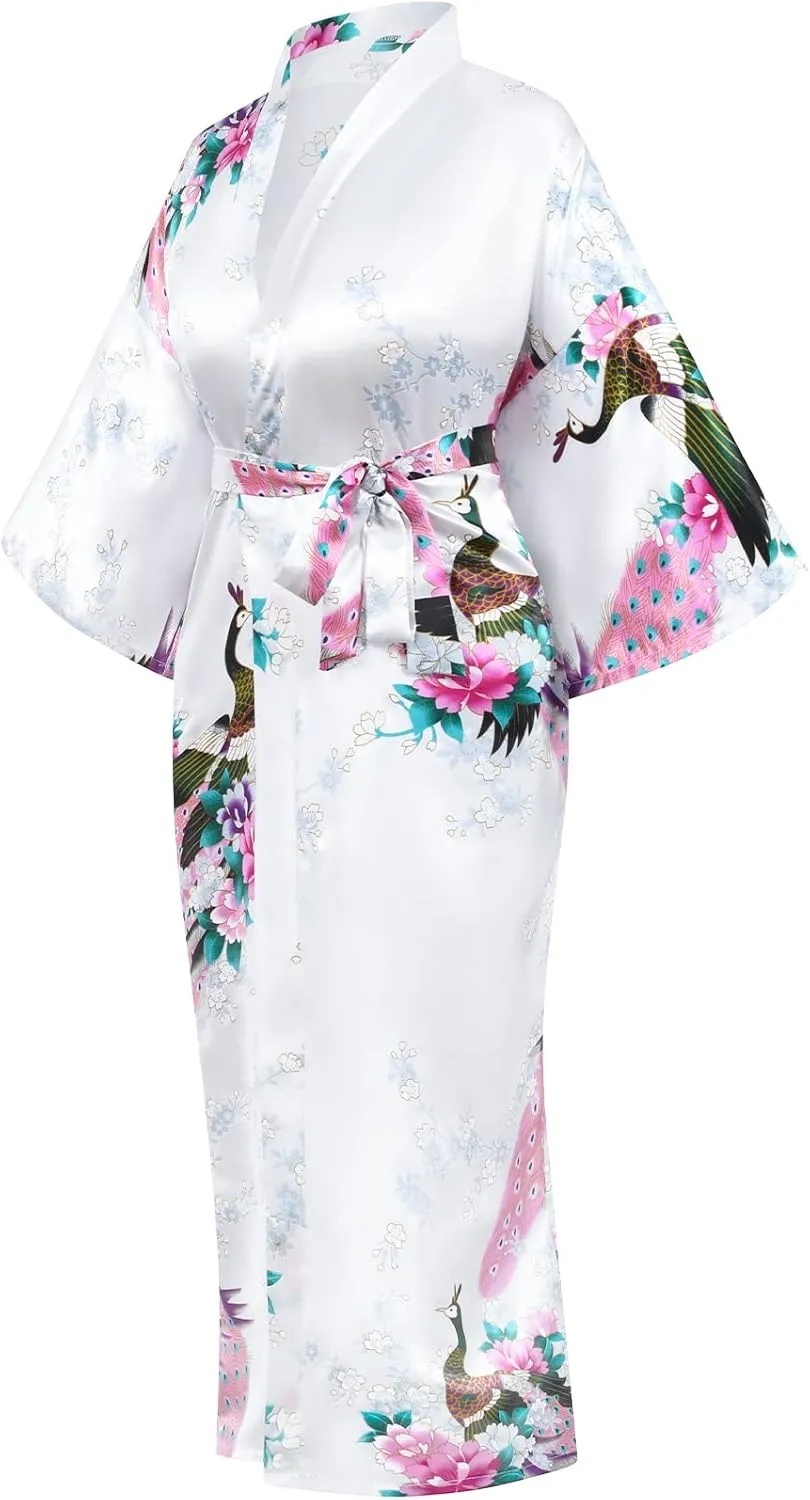 Heone Kimono Satin Peacock Printed Lightweight Cardigan Jacket Coat Yukata Cloak Bathrobe Tops folding Fans Tabi Socks Set