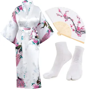 Heone Kimono Satin Peacock Printed Lightweight Cardigan Jacket Coat Yukata Cloak Bathrobe Tops folding Fans Tabi Socks Set