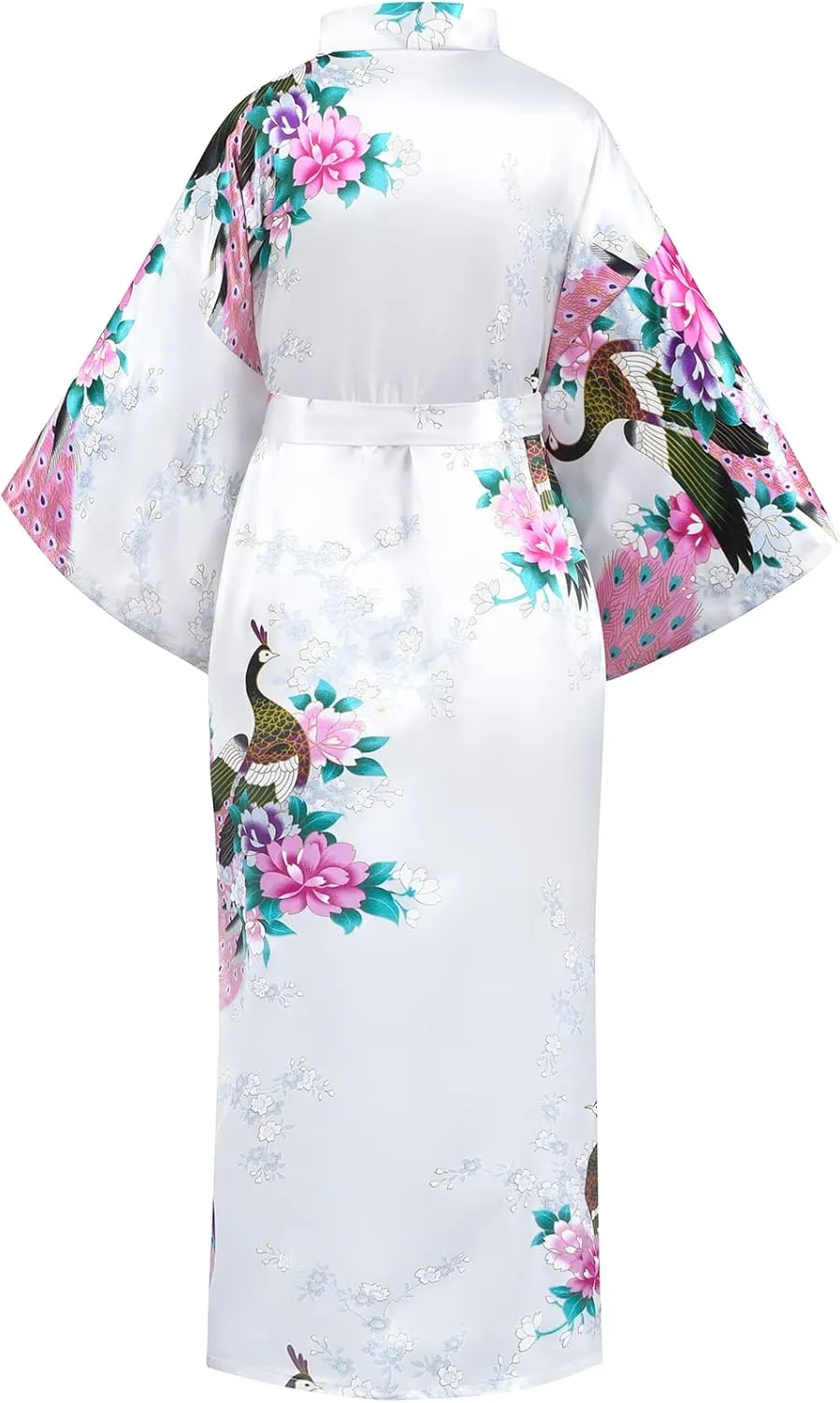 Heone Kimono Satin Peacock Printed Lightweight Cardigan Jacket Coat Yukata Cloak Bathrobe Tops folding Fans Tabi Socks Set