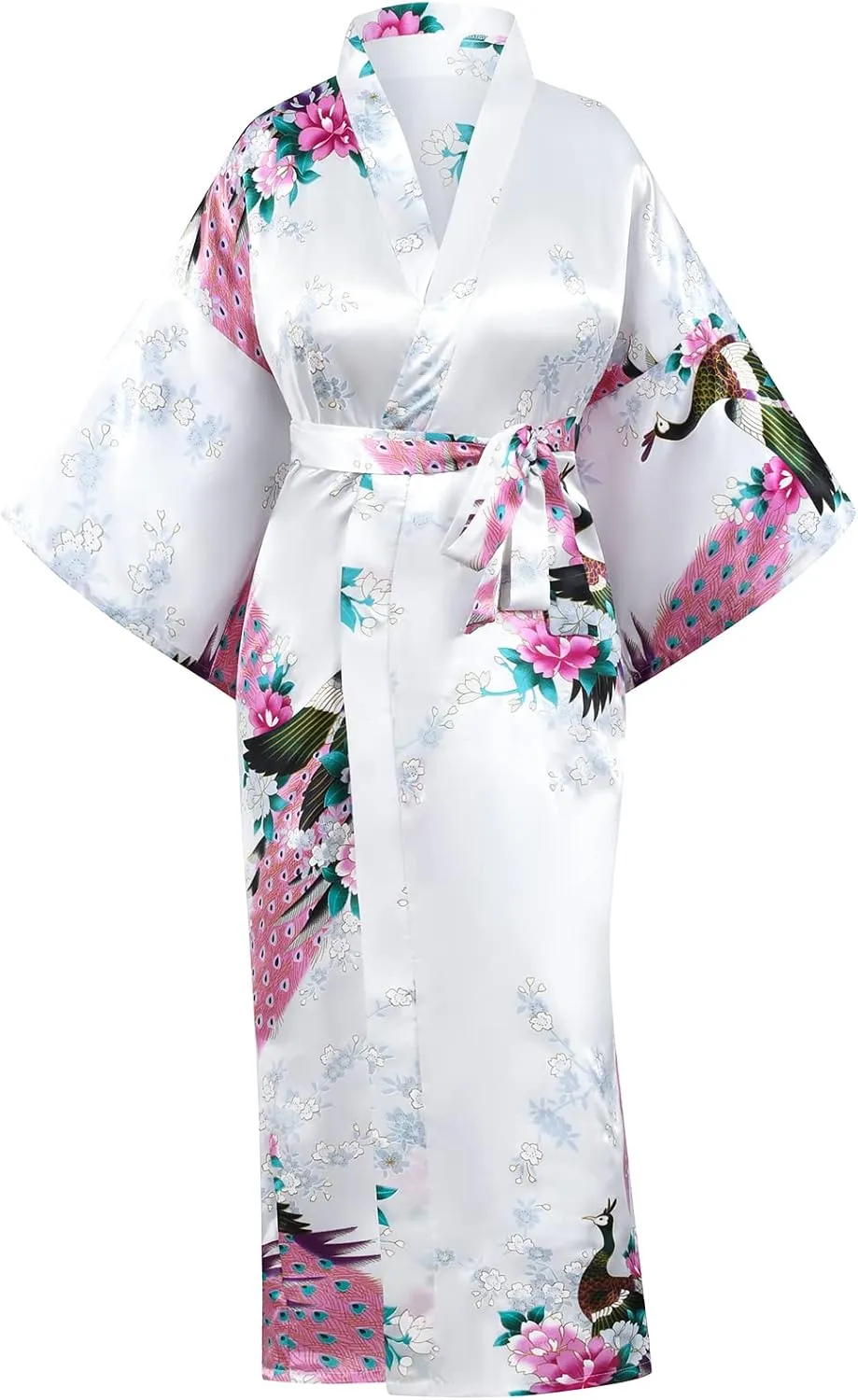 Heone Kimono Satin Peacock Printed Lightweight Cardigan Jacket Coat Yukata Cloak Bathrobe Tops folding Fans Tabi Socks Set
